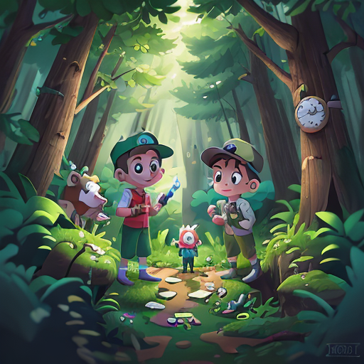 Sample - kid detectives searching for clues in the woods.png