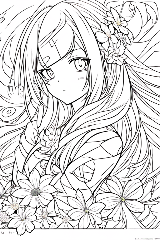 Sample - anime waifu with flower in hair, lineart, monochrome.png