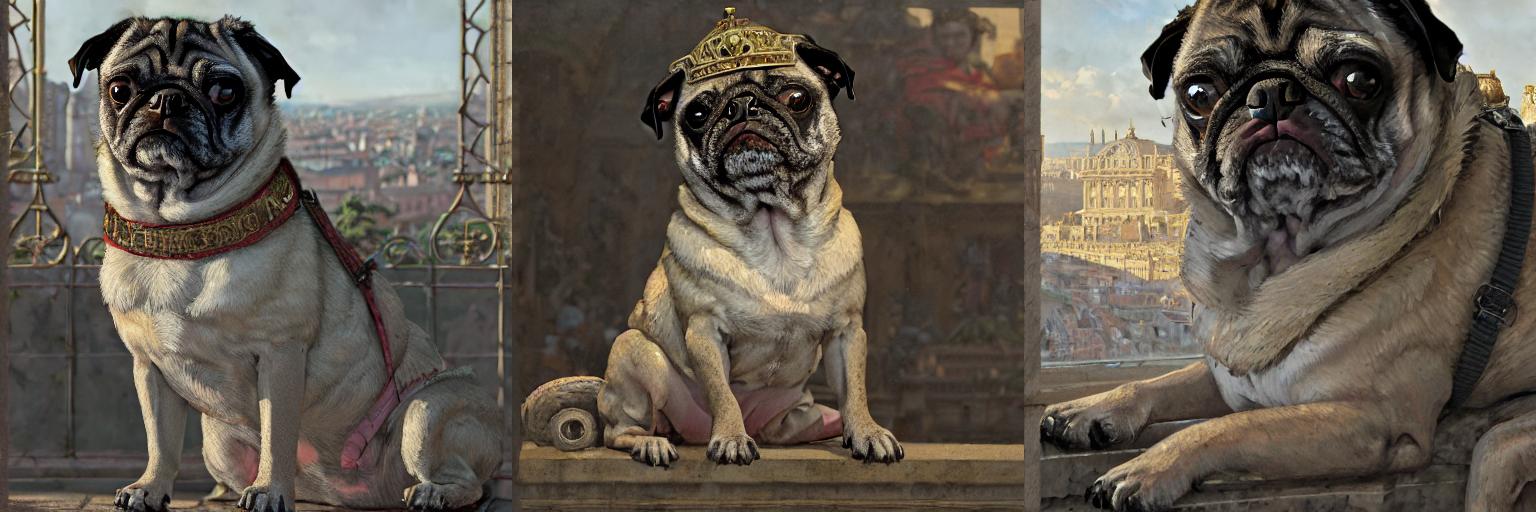 Portrait of puggieace dog as a Roman Emperor, city in background, ultra realistic, intricate details, eerie, highly detailed, photorealistic, octane render, 8 k, unreal engine. art by artgerm and greg rutkowski and charlie bowater and magali villeneuve and alphonse mucha