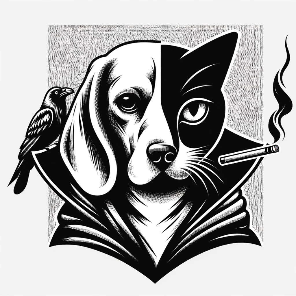 DALL·E 2024-01-29 23.43.35 - Create an artistic image that blends the elements of a beagle dog wearing a cape with a crow perched on it, and a stylized cat figure with a contempla.png